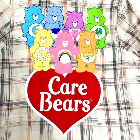 Care Bears Graphic Bleached Plaid Button Front Long Sleeve Flannel Shirt- XS - Picture 11 of 11